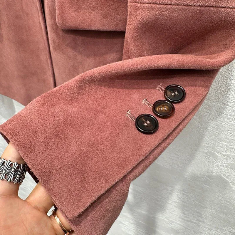 100% Real Suede Lambskin Lapel Suit Jackets for Women 2025 New Fashion Single Button Pink Suede Kid Female Casual Blazer Coats