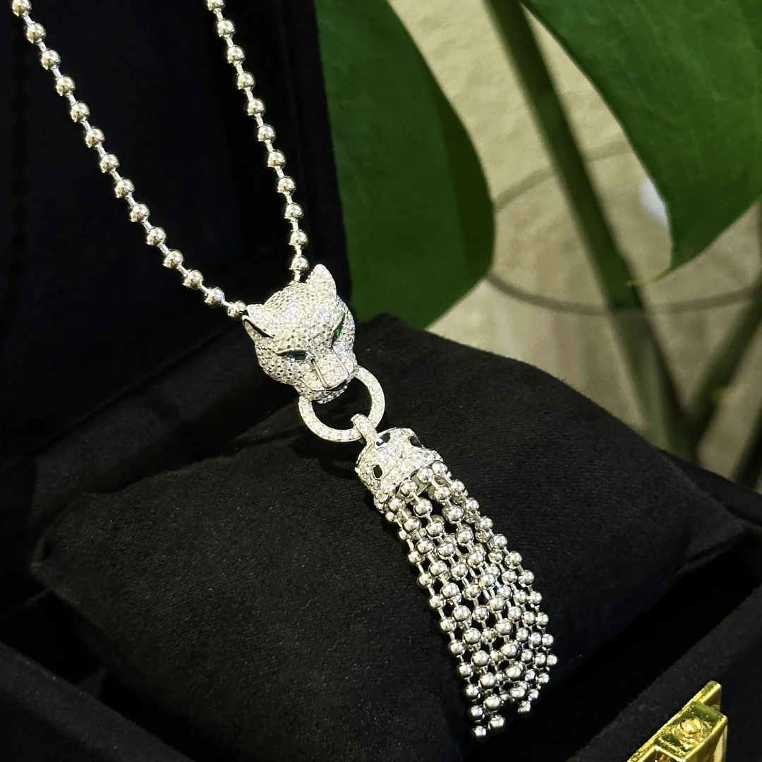 

Luxury Full Zircon Leopard Head Bead Tassel Necklace For Women Black Spot Panther Silver Argent 925 Necklaces Jewelry