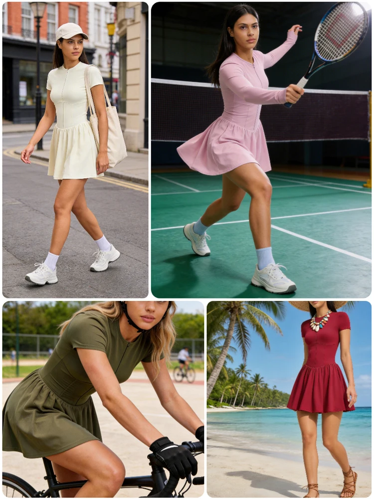 VITALINOVO Damen-Tenniskleid mit Reißverschluss vorne, Rundhalsausschnitt, fließend, plissiert, ärmellos, Mini-Golf-Sportkleid mit Shorts-Tasche – Detail 11