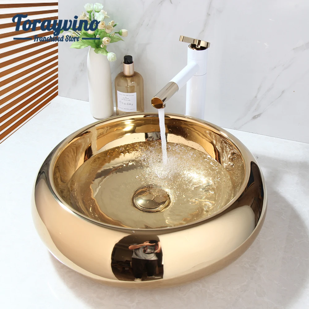 Torayvino Bathroom Wash Basin Faucet Set Golden Plated Ceramic Round  Countertop Washroom Vessel Vanity Sink Mixer w/ Drain