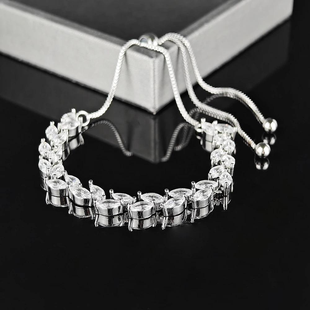Trendy Cubic Zirconia Leaf Bridal Bracelets Bangle for Women White Color Adjustable Bracelet Wedding Jewelry S8482
