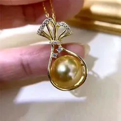 HOT AAAA 8-9MM SOUTH SEA GENUINE GOLDEN STUD PEARL PENDANT 18in