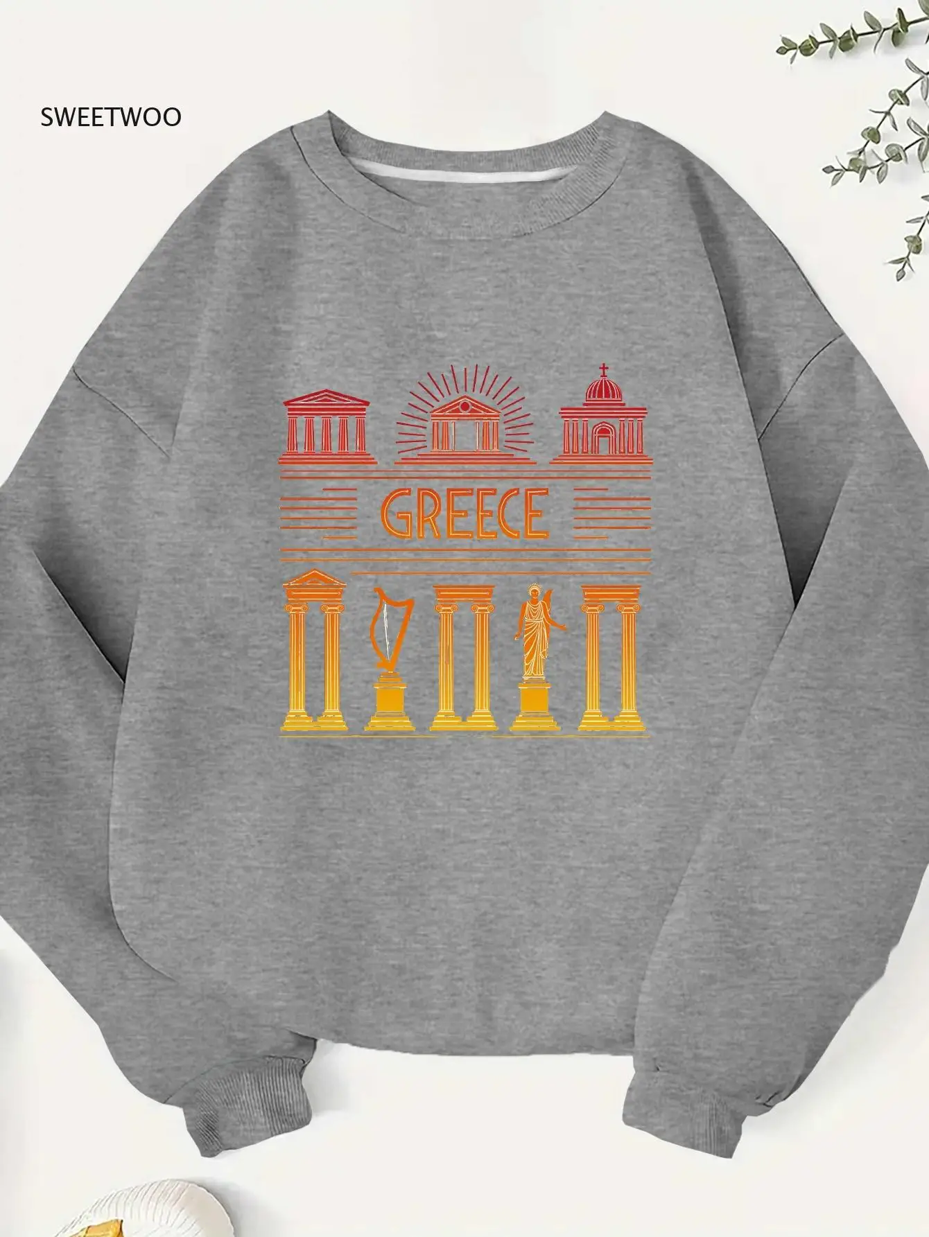 

Women's Greek Iconic Symbols Graphic Sweatshirt - Ancient Greece Temple & Column Print with Greek Lettering