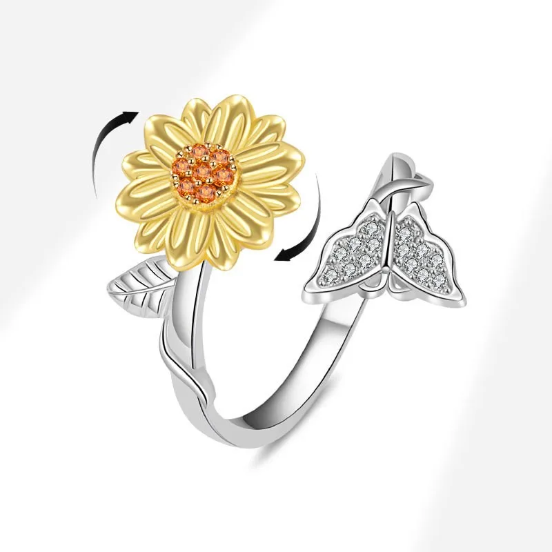 

VENTFILLE 925 Sterling Silver Zircon Sunflower Ring For Women Butterfly Relieve Stress Trend Aesthetic Jewelry Gift Dropshipping