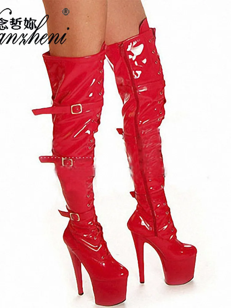 Sexy 20cm Platform high Knee Black Buckle Narrow Band Pu Women Shoes 8 Inch Stripper New Gothic pole dance thigh high boots