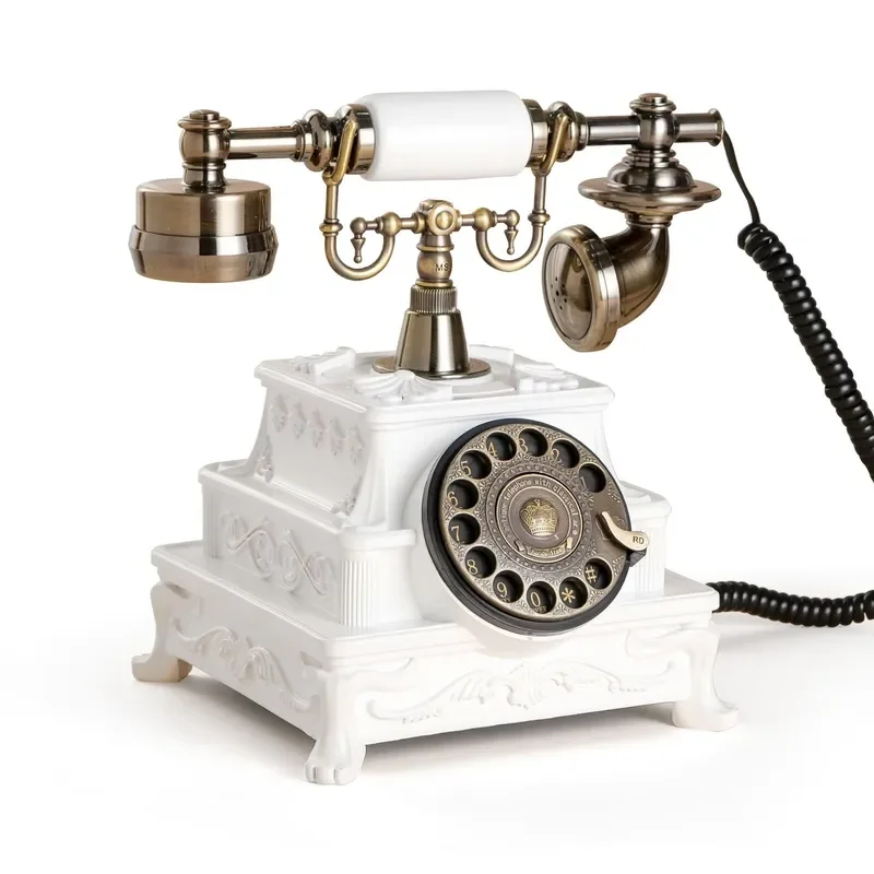 Vintage Rotary Dial Telephone White Crackle Finish Wired Landline Phone with Recording Function Retro Home Decor for Wedding