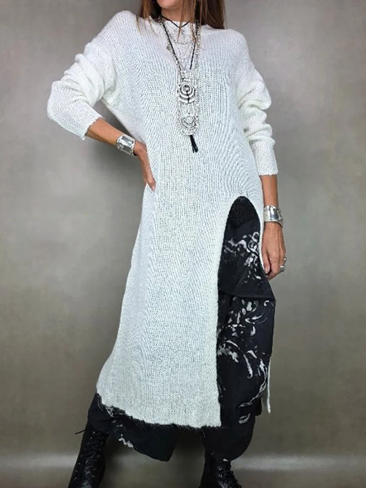 

Осень-зима, модные лоскутные пуловеры, женские праздничные шикарные свитера с длинными рукавами, новые свободные женские длинные вязаные топы с круглым вырезом и разрезом