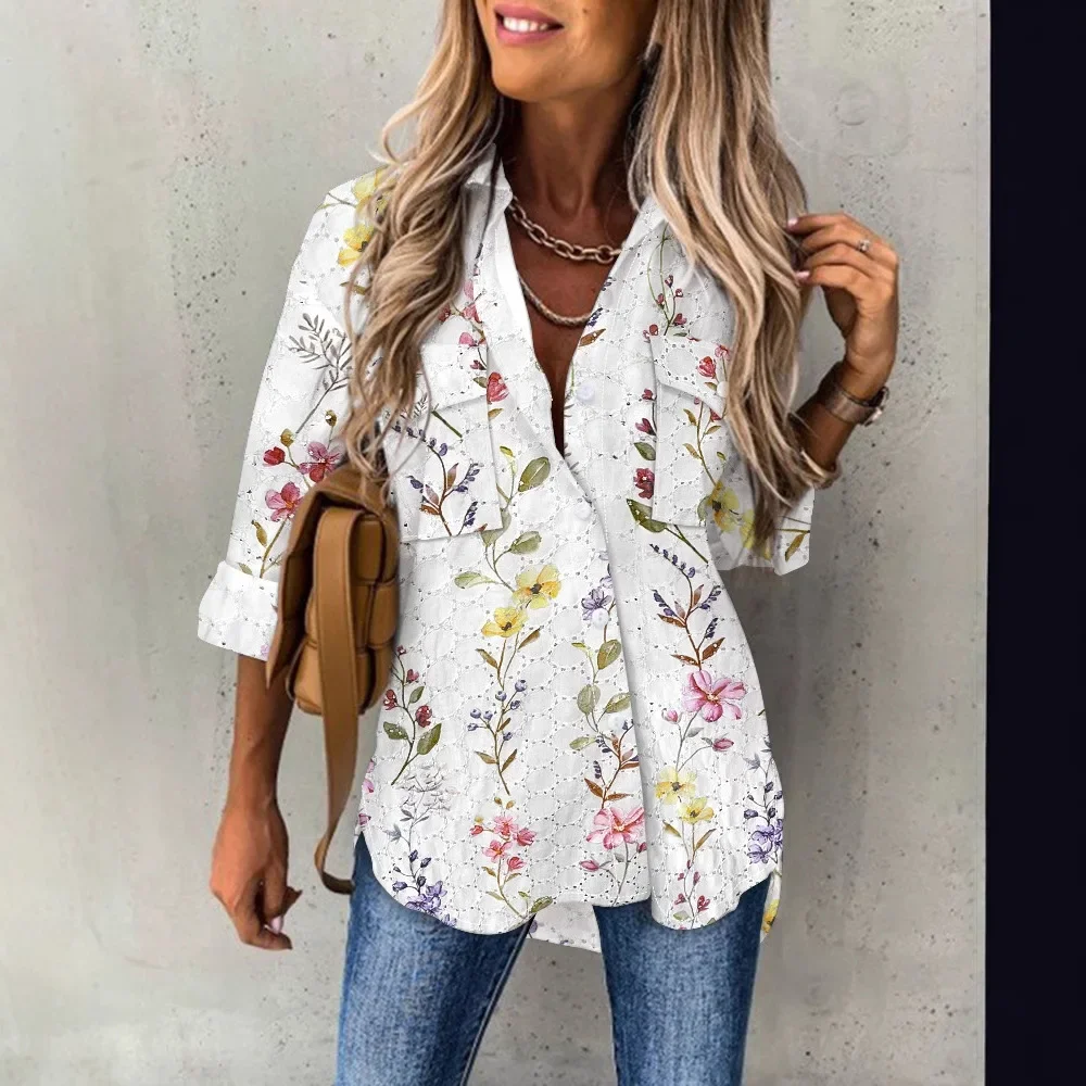 Women Spring Summer Floral Pattern Long Sleeve Shirt Eyelet Embroidery Pocket Design Blouse Top