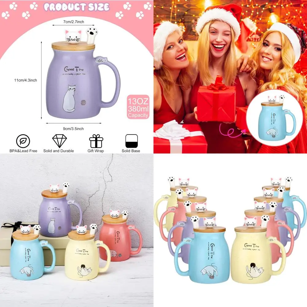 

Adorable Cat-Themed Ceramic Mug Set with Kitty Lid and Paw Spoon, 12.85 oz, Perfect for Cat Lovers' Gifts