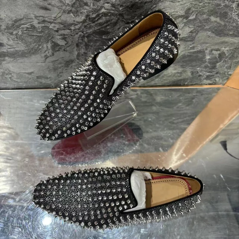 Men's Fashion Bling Full Rivets Shoes Sequin Glitter Loafers Spikes Dress Shoes Shiny Party Casual Shoes