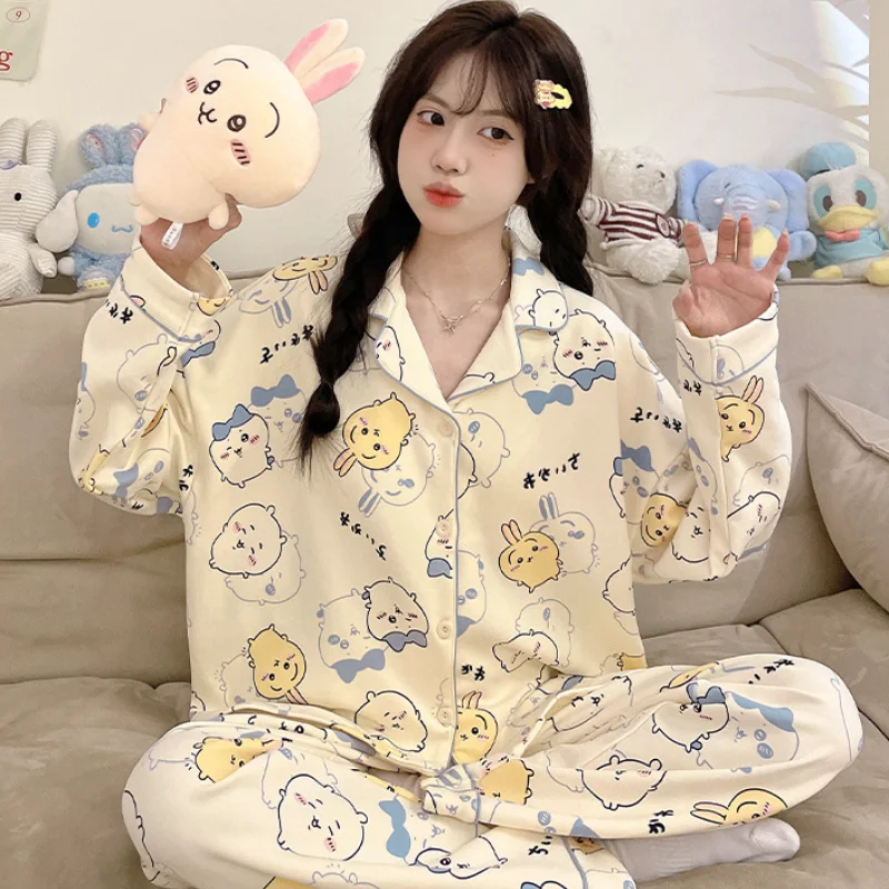

Anime Women Pajama Girl Sweet Kawaii with Chest Pad Sleepwear Student Cotton Home Wear 2Pcs Fashion Cartoon Long Sleeves Trouser