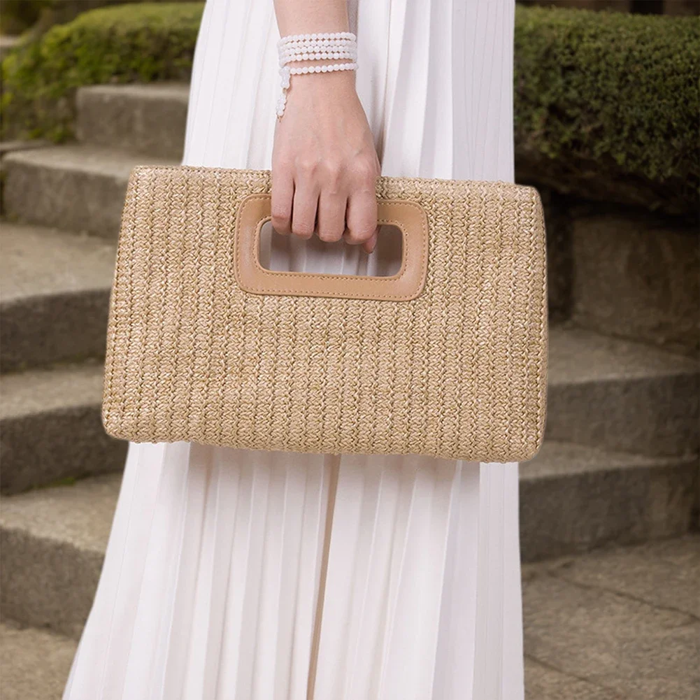 

Women Straw Woven Bag Top Handle Clutch Bag Large Capacity Fashion Shoulder Bag Hasp Closure Simple Shoulder Purse Chic Hobo Bag