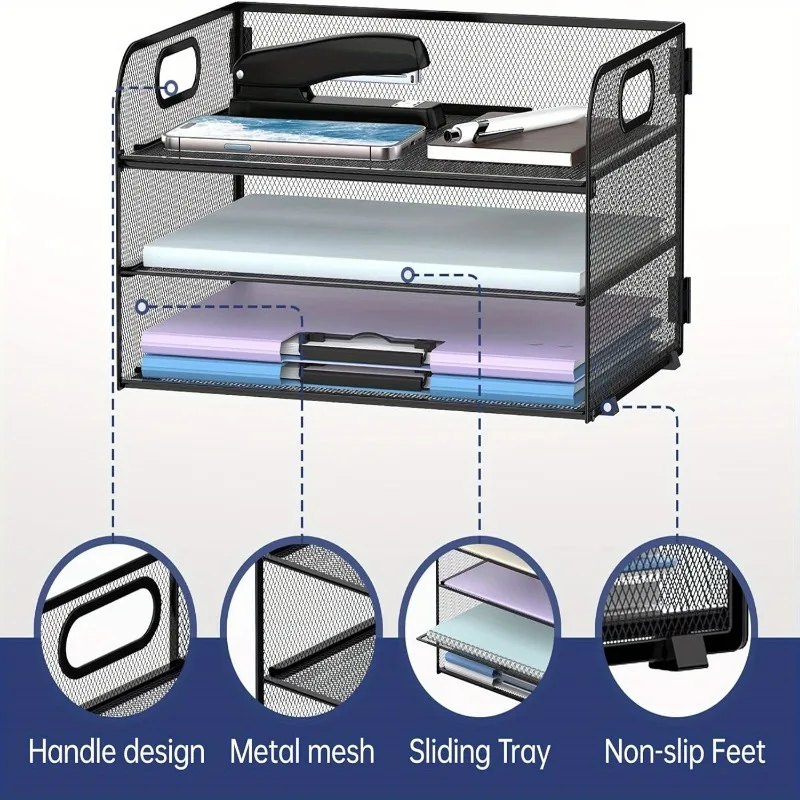 Imagem -03 - Organizador de Mesa de Malha com Alça Bandeja de Letra Bandeja de Papel Arquivo Organizador para Pasta a4 Camada 3