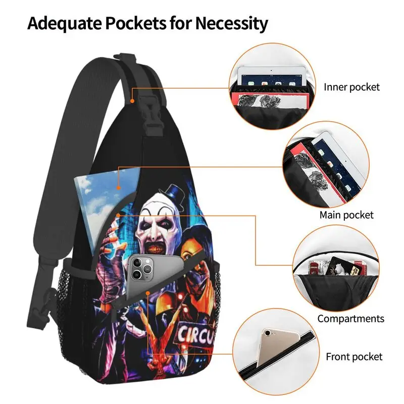 Mochila de hombro personalizada para hombre, bolso de pecho cruzado con eslinga, payaso de Halloween, película de terror, Terrifier, moda para viajar