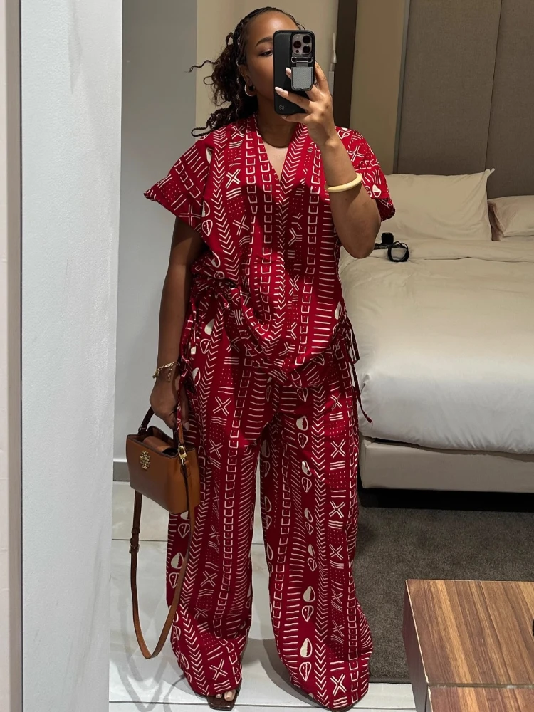 

2026 New Fashion Print Two-Piece Women's Loose Casual Short Sleeve Drawstring Waist Slim Fit V-Neck Shirt and Wide Leg Pants Set