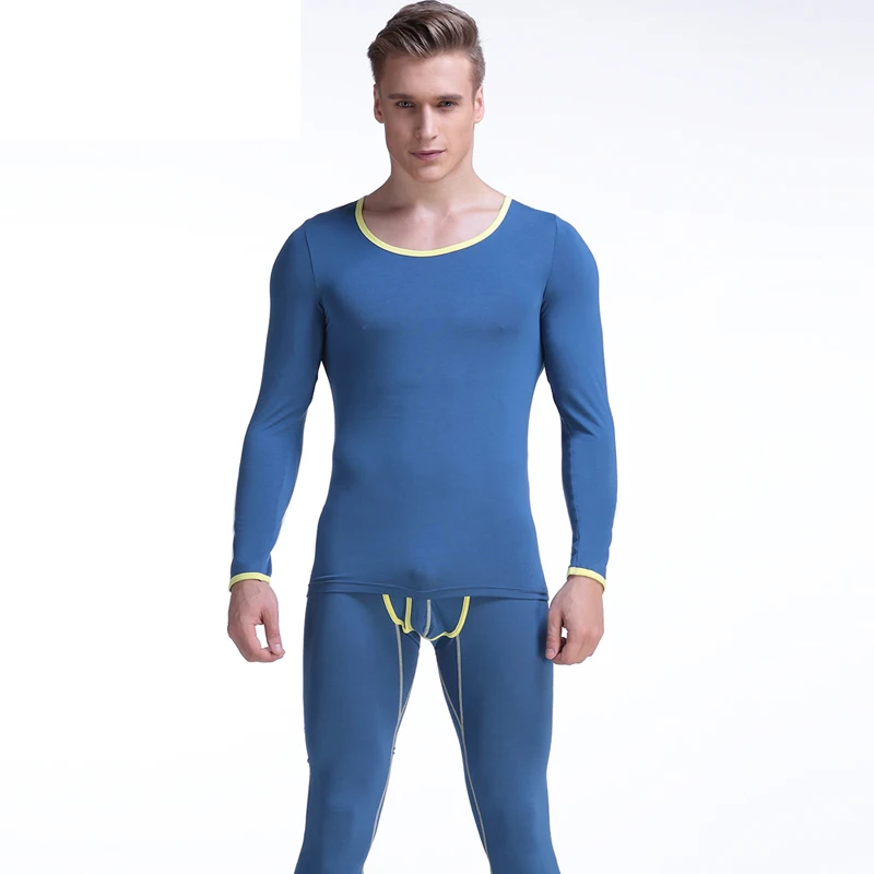 قميص رجالي رفيع موديل نحيف برقبة دائرية قميص طويل جونز للشباب بدلة دافئة ملابس داخلية للرجال