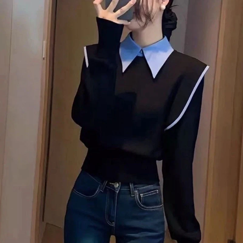 Fake Two-piece Contrast Patchwork Fashion Tops Tees Women Clothing Long Sleeve Trend Youth T Shirts Casual Korean Spring Autumn
