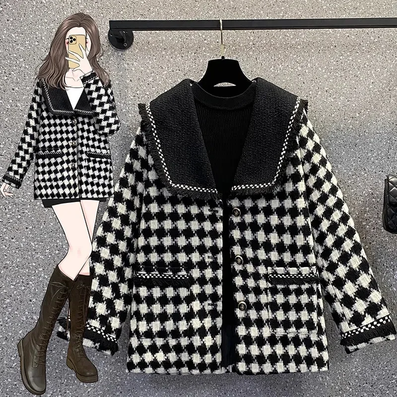 2023 Spring and Autumn New Women's Dress Slim Thousand Bird Plaid Woolen Coat Feminine Fashionable and Young Fragrance Tide