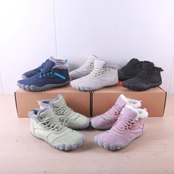 Winter Couple's Mid Top Barefoot Off-Road Running Shoes, Sports Shoes With Plush Snow Boots, 4E Wide Last Running Shoes