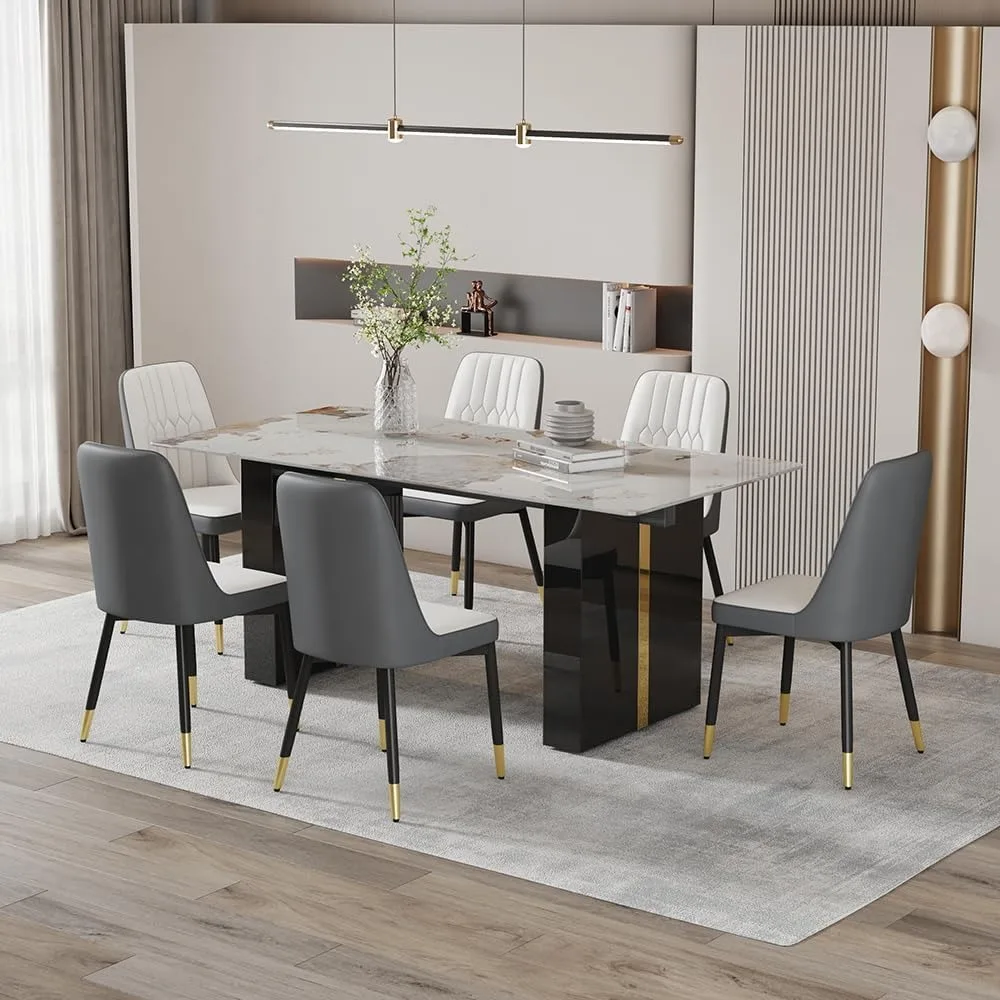 Modern Dining Table for 6 8, 71'' White Dining Table Faux Marble  Top with Black Gold Legs Table, Rectangle Kitchen Table