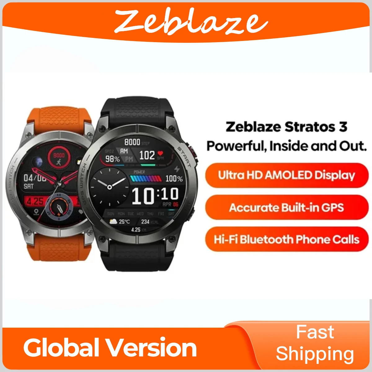 Zeblaze Stratos 3 Premium GPS Smart Watch 1.43 inch Ultra 466*466 Pixels HD AMOLED Display Built-in GPS Hi-Fi Bluetooth BT5.3