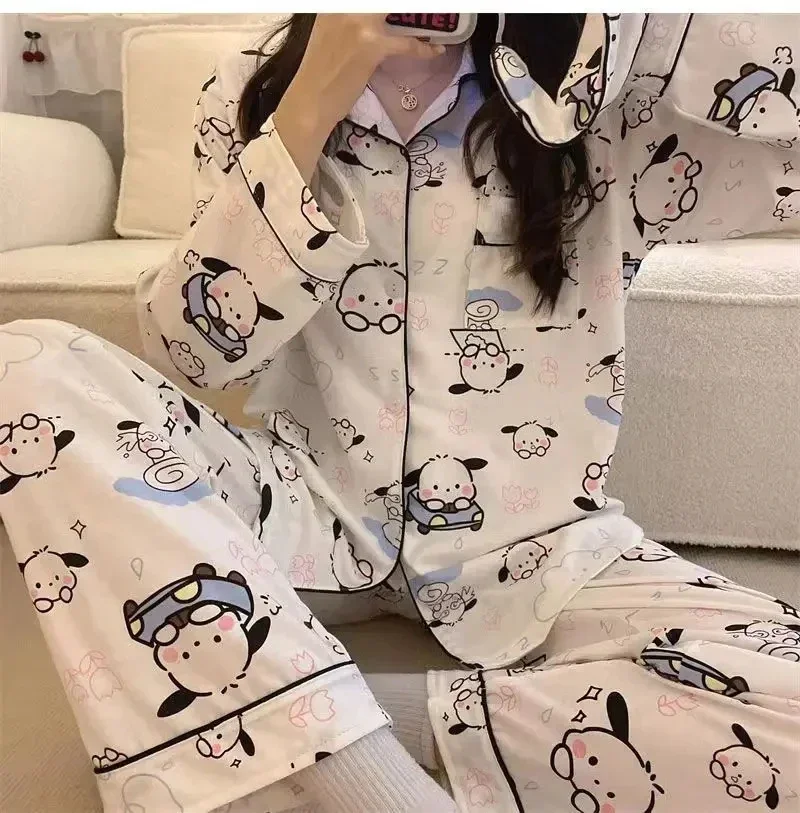 New Sanrio Hello Kitty Pajama Set Cinnamoroll My Melody Kuromi Ladies Pyjamas Sweet Casual Homewear Spring Autumn Girl Clothing