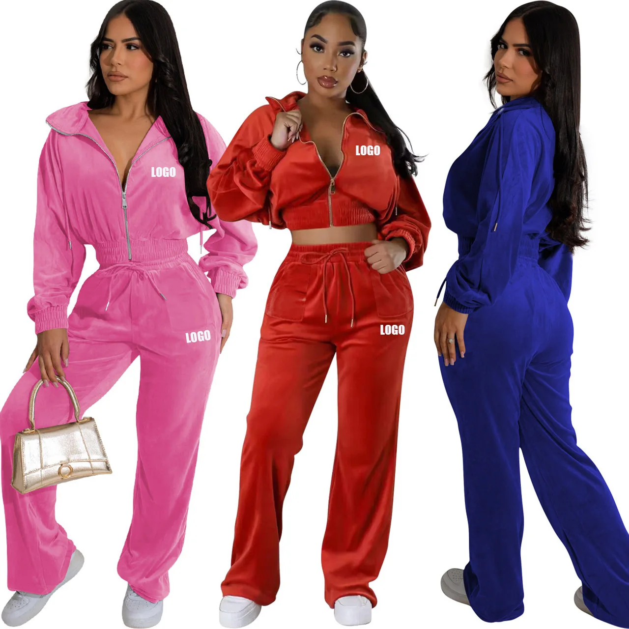 Personalized LOGO customized women's new fashion casual non-inverted velvet zipper long-sleeved trousers waist two-piece set