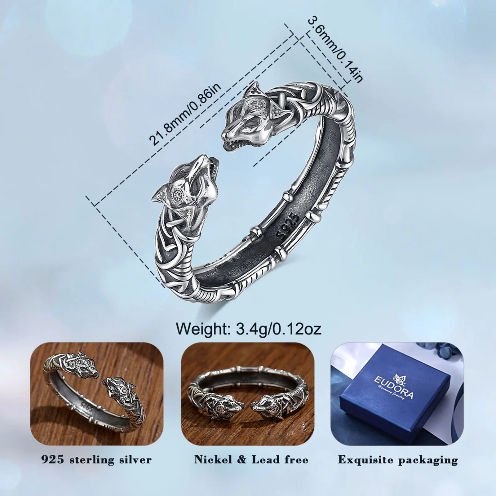Eudora 925 Sterling Silver Viking Wolf Adjustable Ring Norse Rune Compass Celtic Knot Open Ring Pagan Jewelry Gift for Men Women