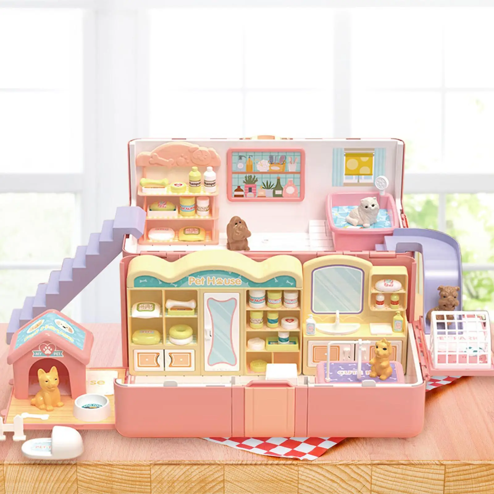 Dollhouse Toy Playset Travel Dollhouse Fold and Go Play House with A Doll with Accessories Pretend Play for Kids 3-6 Girls