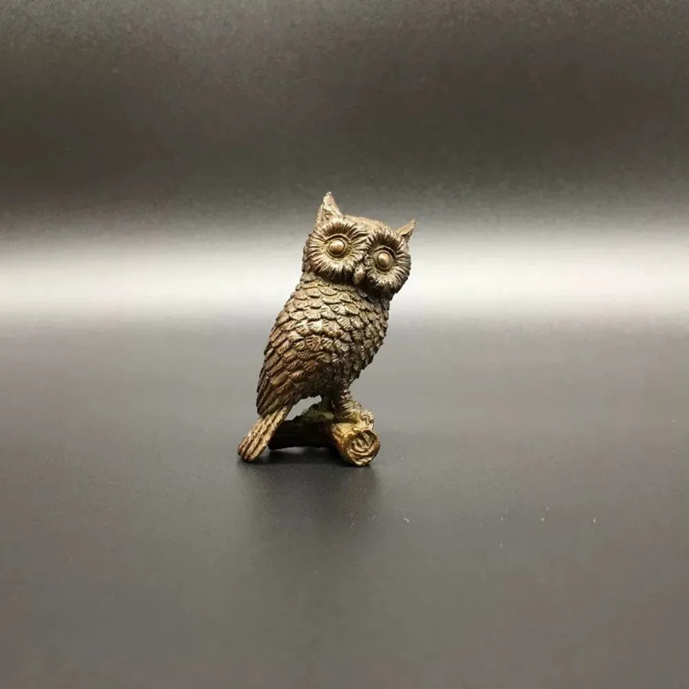 Solid Brass Little Owl Standing on Branch Statue Tea Pet Home Desk Decor Gift