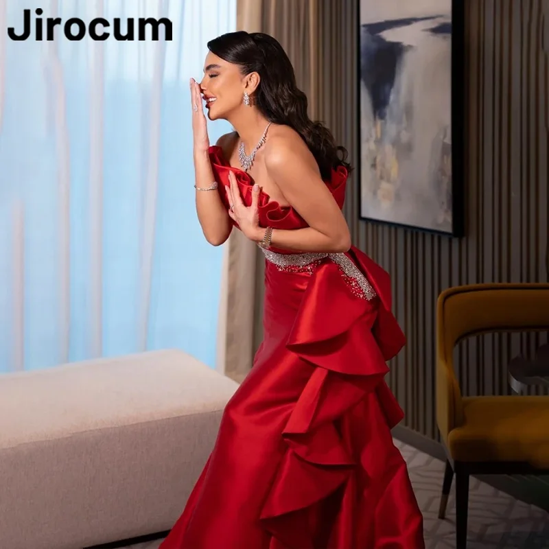 Jirocum Elegant Red Mermaid Prom Dress Women\'s One Shoulder Beaded Ruffle Party Evening Gown Customized Formal Occasion Dresses