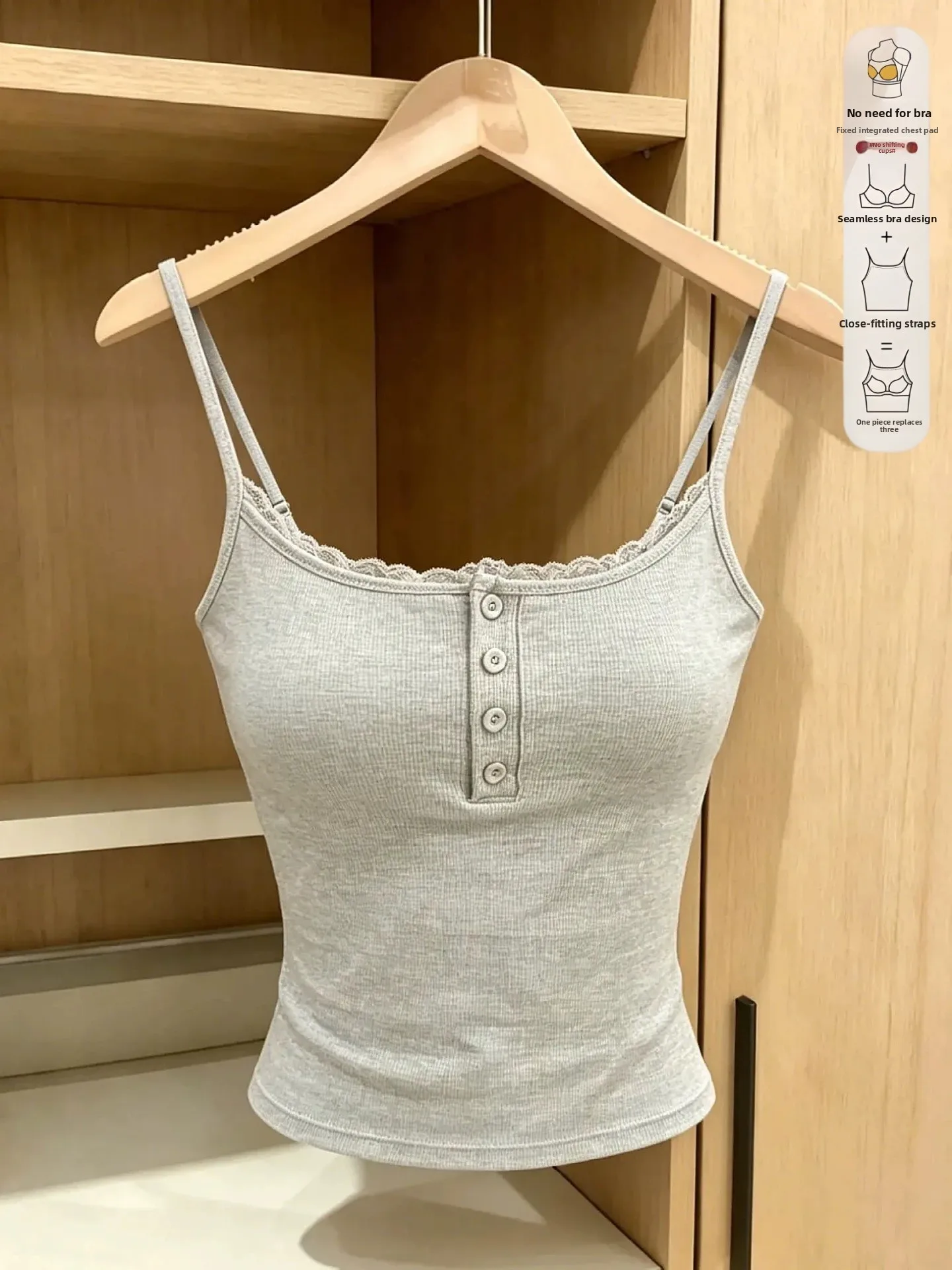 Women's Slim Fit Lace Camisole Tank Top 95% Cotton with Chest Pad Button Strap Vest New Style plus Size Underwear Base Layer