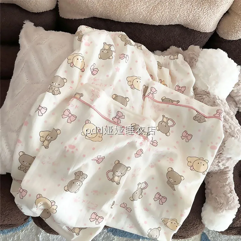 Pijama Kawaii Rilakkumas para mujer, pantalones de manga larga para primavera y otoño, seda auténtica Y2K, conjunto de ropa de casa con dibujos animados para chica, regalos de cumpleaños