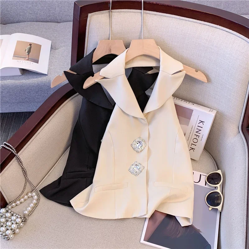Pop French Elegant Vintage Sleeveless Backless Vest For Women Vintage Slim Fit Blazer Top With Sparkly Rhinestone Buttons Chic L