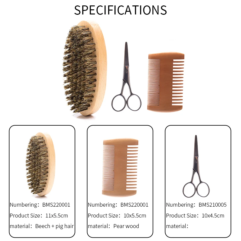 Men Beard Brush Set Shaving Brush Portable Barber Double-sided Styling Comb Scissor Repair Modeling Beard Grooming Kit for Men