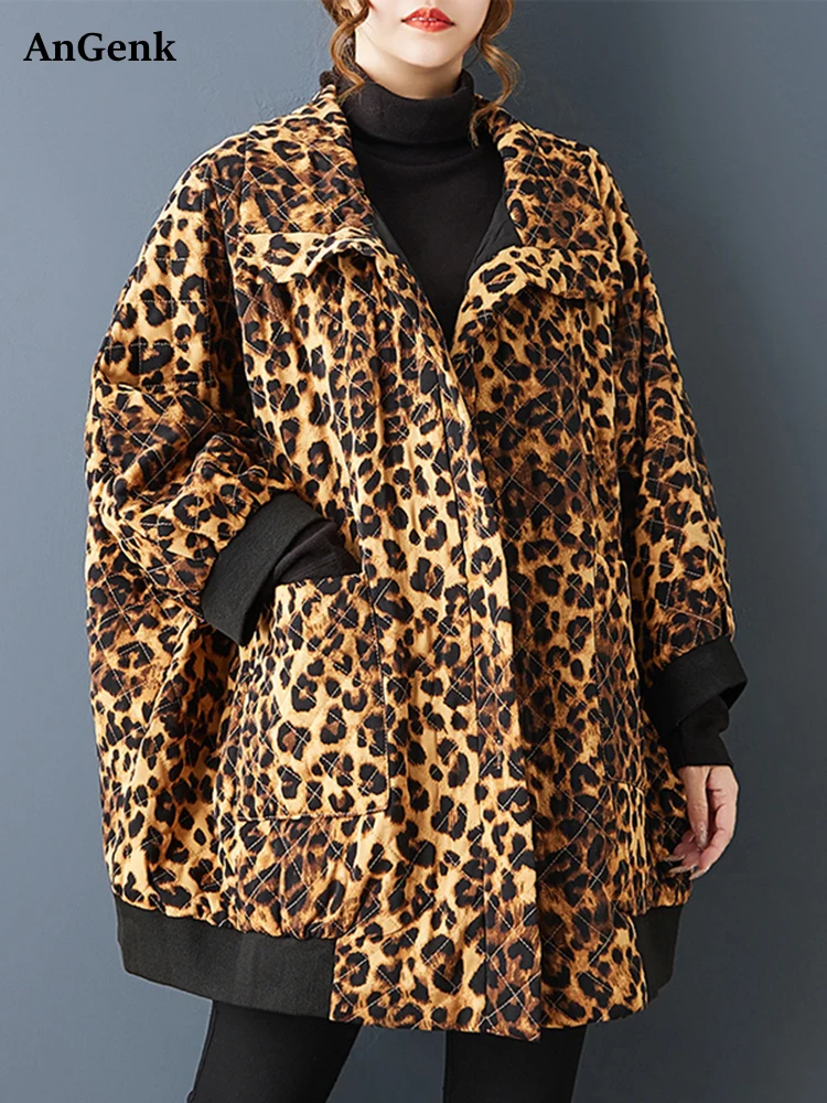 綿オーバーサイズヴィンテージヒョウ柄アウターウェア女性用コート新作長袖カジュアルルーズジャケットコート衣料品秋春2025