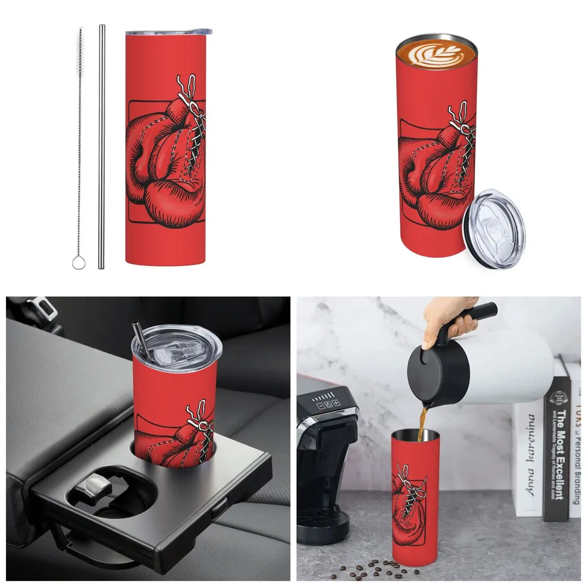 Red Boxing Gloves Stainless Steel Tumbler Vacuum Insulated Mug Thermal Cold Cup Straw With Lid 20oz