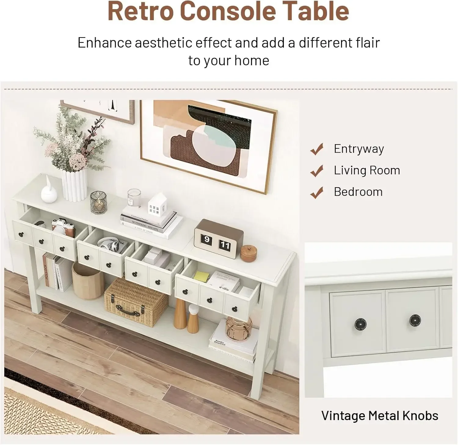 [Новое поступление, купите сейчас! ] Консольный столик с местом для хранения — приставной столик для дивана длиной 60 дюймов с 4 ящиками и открытой полкой, ножки из массива дерева, прямоугольник