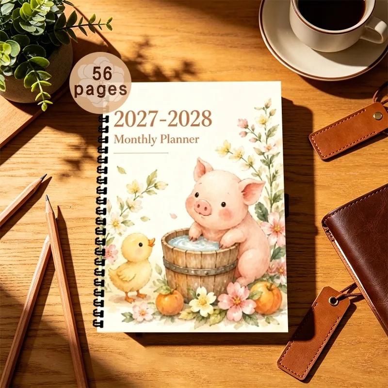 A5  2027-2028 Monthly Planner, Cute Watercolor Pig Duck Floral Pattern Weekly Task Schedule Organizer, Ideal Teacher Gifts