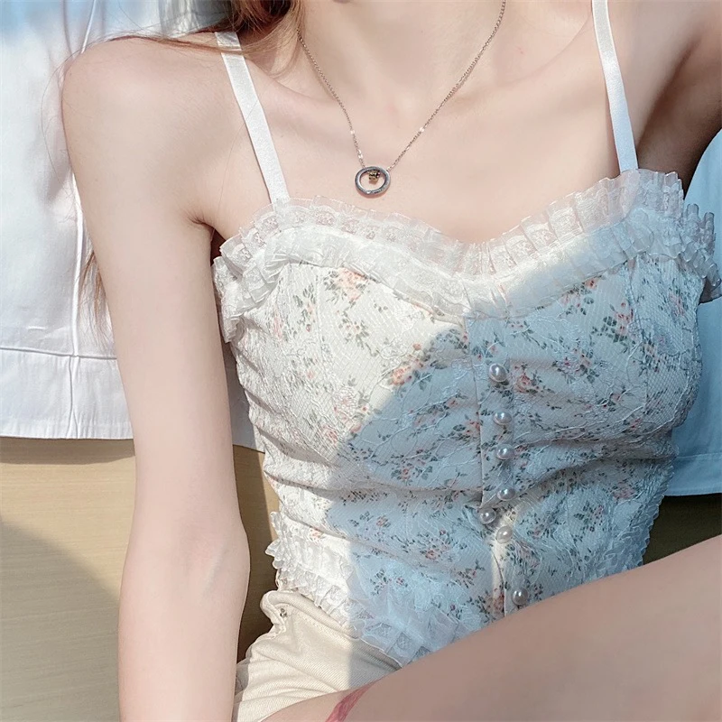 2023 Flower Print Lace Cami Crop Tank Tops Summer Camisole Women's Tube Top Elegant Slim Short Tanks Vest Sexy Y2k