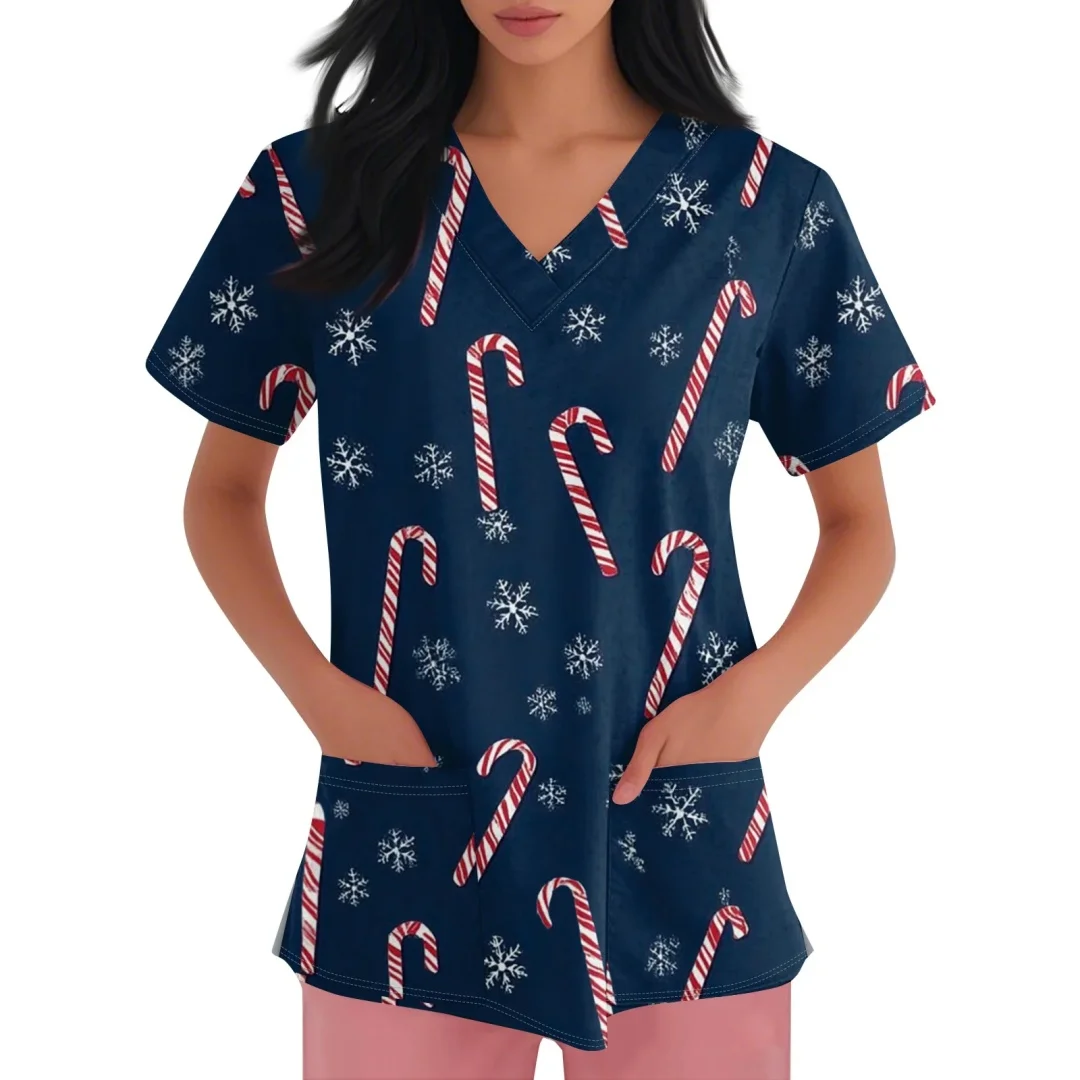 Klinische Uniform Vrouwen Peperkoek Kerstman Print Kerst V-hals Scrubs Vrouwen Mode Korte Mouw Chirurgische Uniformen Top's