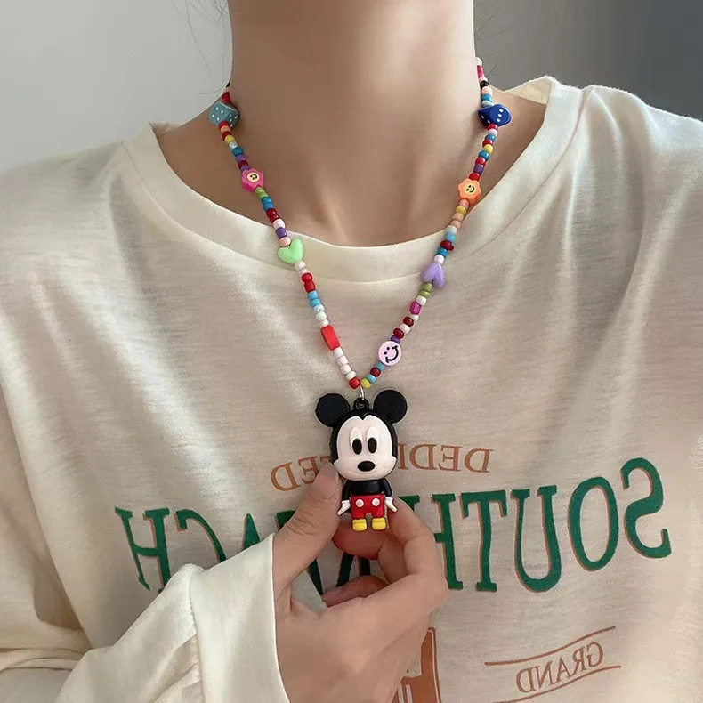 New Disney Beaded Necklace Mickey Mouse Cartoon Figure Rainbow Beadeds Collarbone Chain Hip Hop Niche Design Accessory Toy Gifts