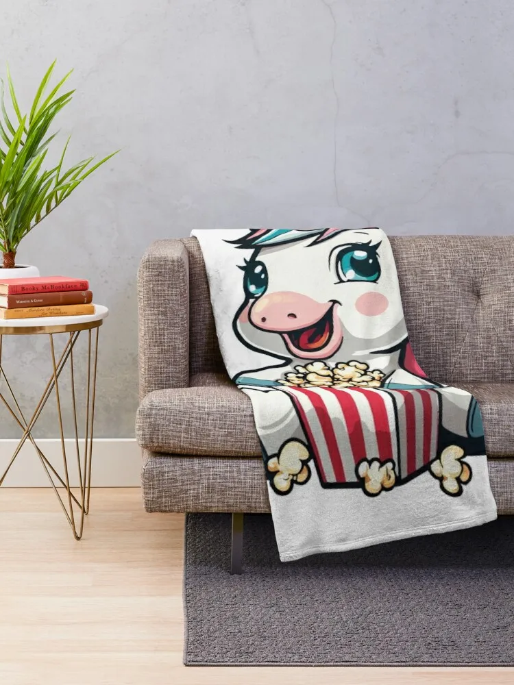 Excited unicorn with a popcorn bucket Throw Blanket Bed linens Sofas Loose Blankets