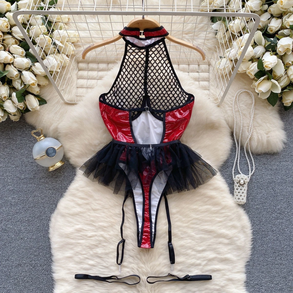 Hotsweet Women's Streetwear Mesh Patchwork Black Red Lady's Bodysuit Backless Sleeveless Halter Female Cool Wear Sexy Party Top