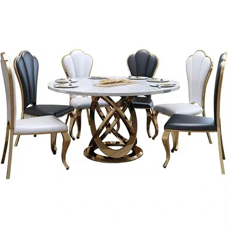 Marble Round Kitchen & Dining Table Set With 4 -6 Dining Chairs Round Marble Top Restaurant Tables With Gold Steel Frame