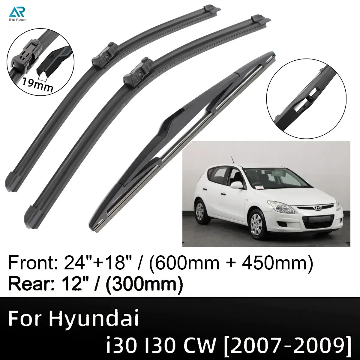 

For Hyundai i30 I30 CW 2007-2009 24"+18"+12" Front Rear Wiper Blades Brushes Cutter Accessories 2007 2008 2009