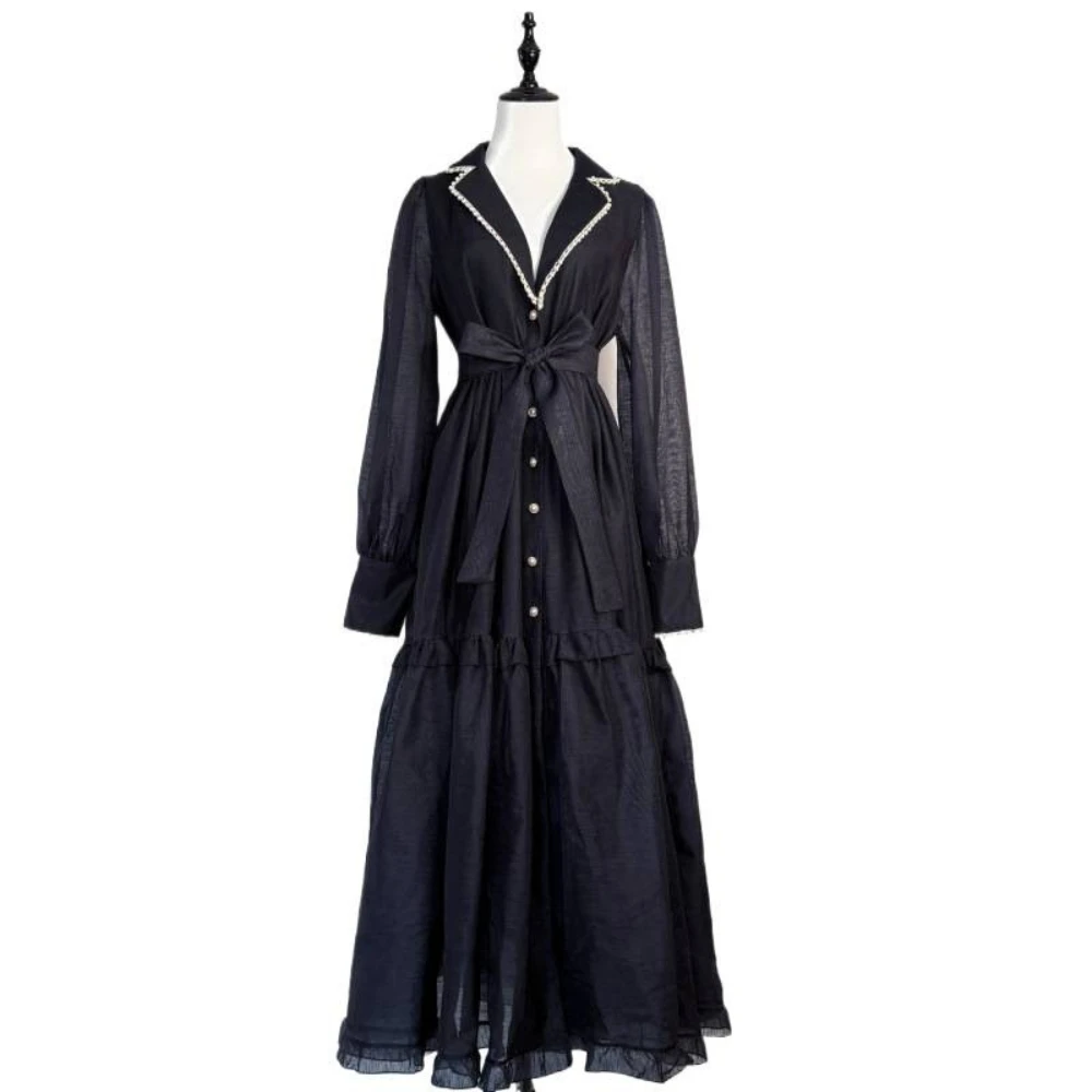 Rural Style Lantern Sleeves Layered Large Swing Heavy Nail Bead Lace Waist Tie Solid Color Dress