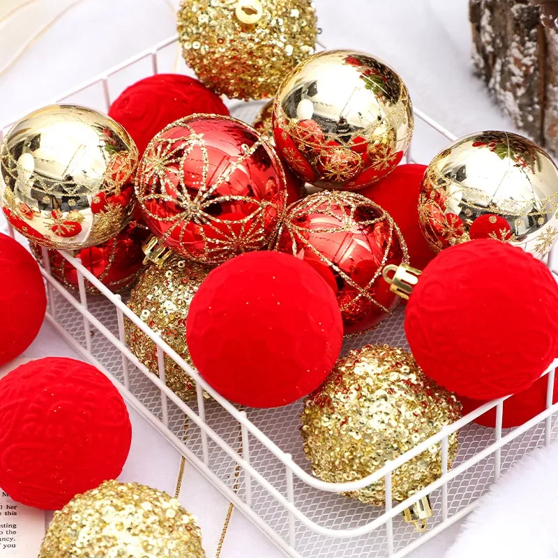6cm Painted Flocked Christmas Bauble Set 25Pcs Mixed Hanging Ornament for Christmas Tree Decoration
