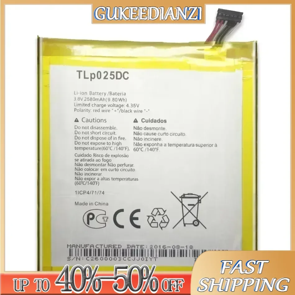 TLP025DC Tlp025d2 Battery For Alcatel Pixi 4 6.0 OT 9001A 9001X 9001D 8050D OT-8050 Li-Polymer Batteries 2580Mah