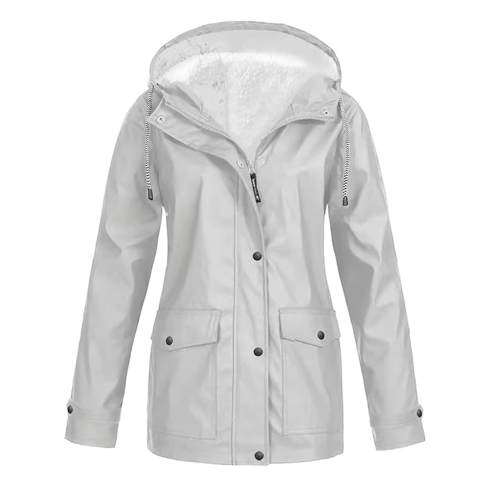 Women Winter Plush Hooded Solid Color Single Breasted Zip Hooded Fashionable Trench Coat Woman Coat Long